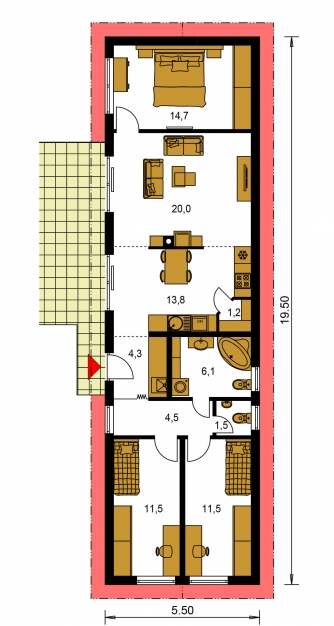 Spiegelverkehrter Entwurf | Grundriss des Erdgeschosses - BUNGALOW 136